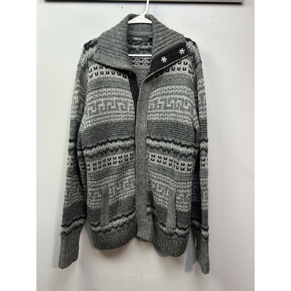 Claiborne Gray Fair Isle‎ Shawl Collar Cardigan Sweater Mens large Wool Blend